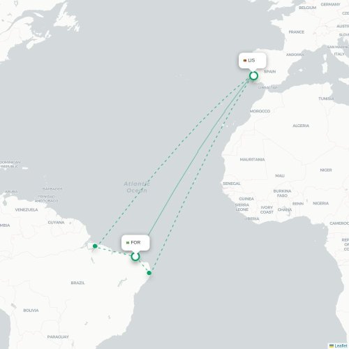 Mapa lotu bezpośredniego Fortaleza – Lizbona