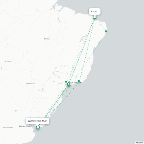 Mapa lotu bezpośredniego Fortaleza – Montevideo