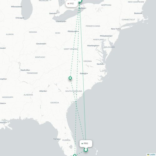 Mapa lotu bezpośredniego Freeport – Toronto