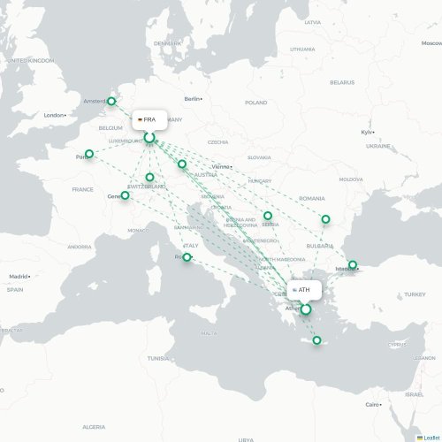 Mapa de vuelo directo Fráncfort - Atenas