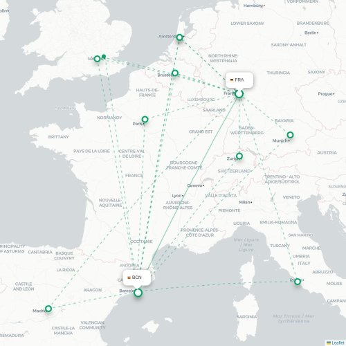 Mapa de vuelo directo Fráncfort - Barcelona