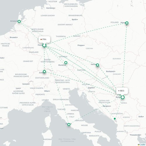 Mapa de vuelo directo Fráncfort - Belgrado