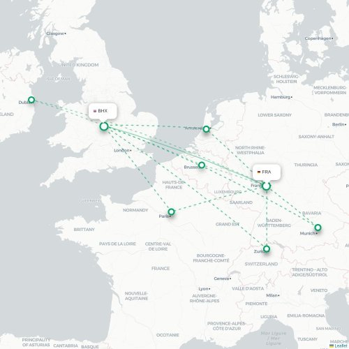 Mapa de vuelo directo Fráncfort - Birmingham