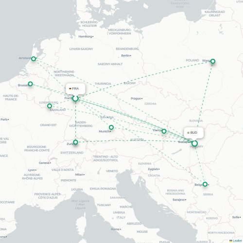 Mapa de vuelo directo Fráncfort - Budapest