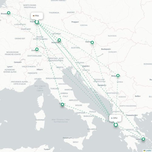 Mapa de vuelo directo Fráncfort - Corfú, Corfú