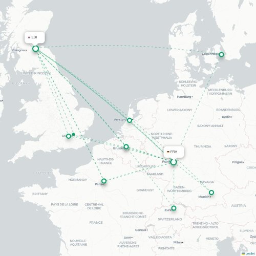 Mapa de vuelo directo Fráncfort - Edimburgo