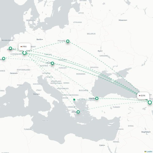 Mapa de vuelo directo Fráncfort - Ereván