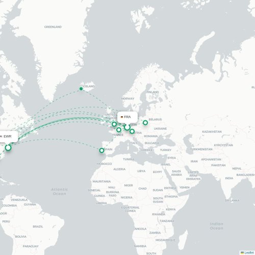 Mapa de vuelo directo Fráncfort - Newark