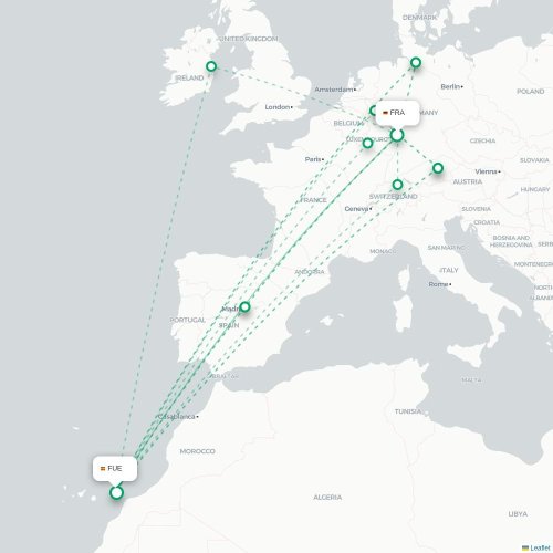 Mapa de vuelo directo Fráncfort - Puerto del Rosario