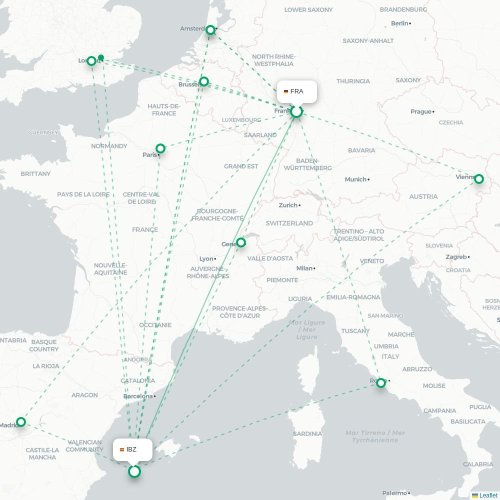 Mapa de vuelo directo Fráncfort - Ibiza