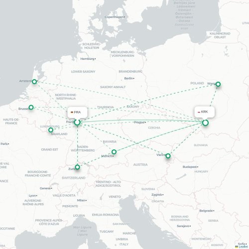 Mapa de vuelo directo Fráncfort - Cracovia