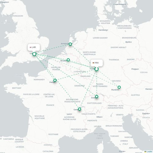 Mapa de vuelo directo Fráncfort - Londres