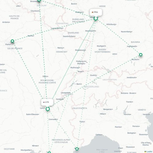Mapa de vuelo directo Fráncfort - Lyon