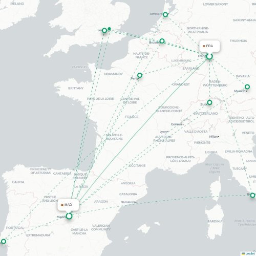 Mapa de vuelo directo Fráncfort - Madrid