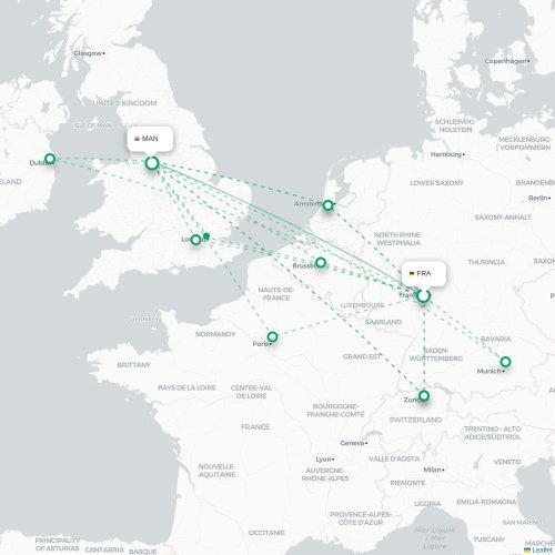 Mapa de vuelo directo Fráncfort - Mánchester