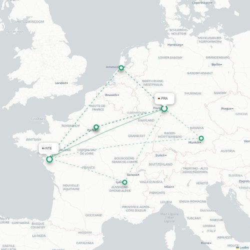 Mapa de vuelo directo Fráncfort - Nantes