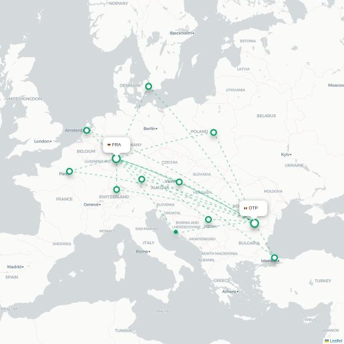 Mapa de vuelo directo Fráncfort - Bucarest