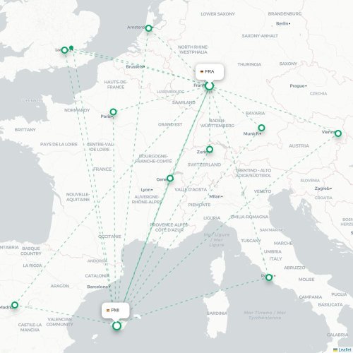 Mapa de vuelo directo Fráncfort - Palma