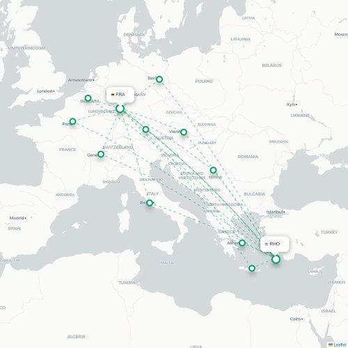 Mapa de vuelo directo Fráncfort - Rodas