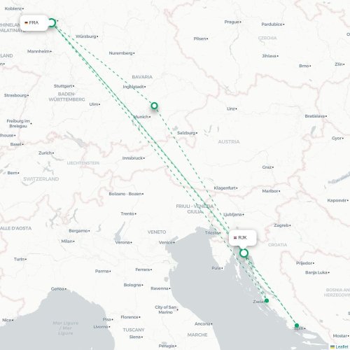 Mapa de vuelo directo Fráncfort - Rijeka