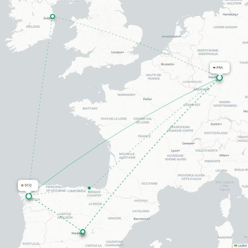 Frankfurt - Santiago de Compostela kort over direkte fly