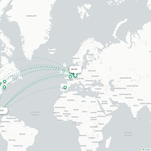 Mapa de vuelo directo Fráncfort - San José