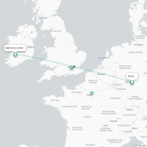 Mapa de vuelo directo Fráncfort - Shannon