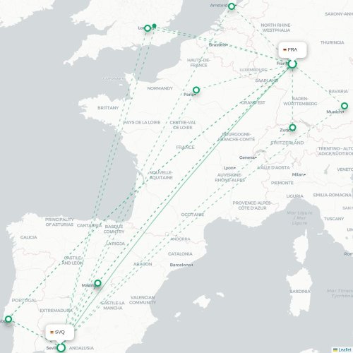 Mapa de vuelo directo Fráncfort - Sevilla