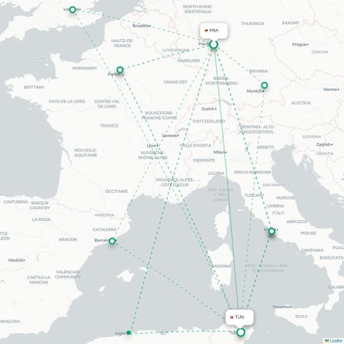 Mapa lotu bezpośredniego Frankfurt nad Menem – Tunis