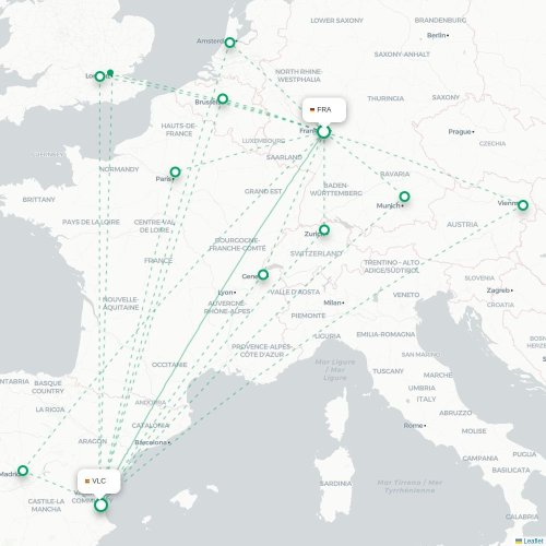 Mapa de vuelo directo Fráncfort - Valencia