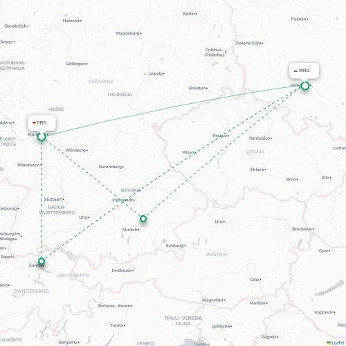 Mapa de vuelo directo Fráncfort - Wrocław