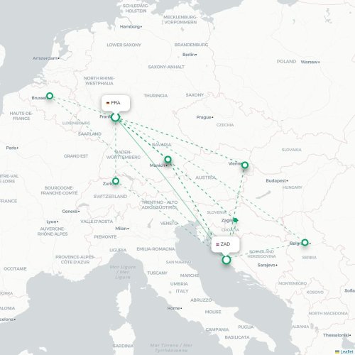 Mapa de vuelo directo Fráncfort - Zadar