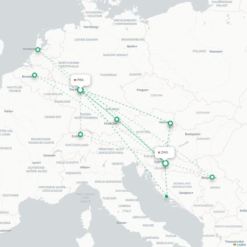 Mapa de vuelo directo Fráncfort - Zagreb