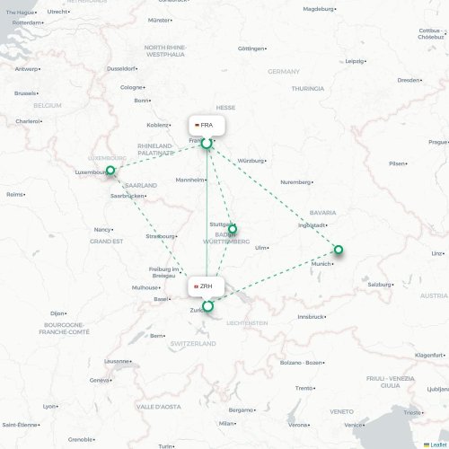 Mapa de vuelo directo Fráncfort - Zúrich
