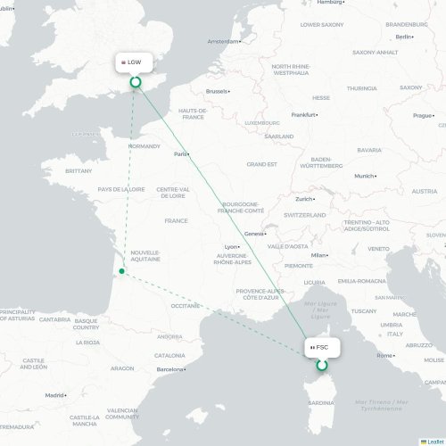 Mapa de vuelo directo Figari - Londres