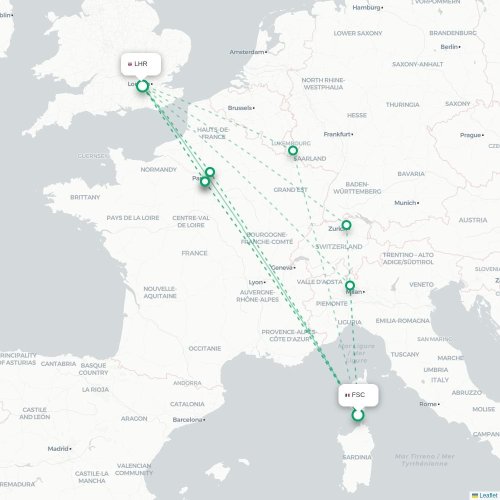 Mapa de vuelo directo Figari - Londres
