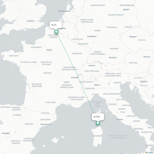 Mapa lotu bezpośredniego Figari – Lille