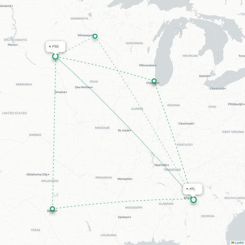 Mapa de vuelo directo Sioux Falls - Atlanta