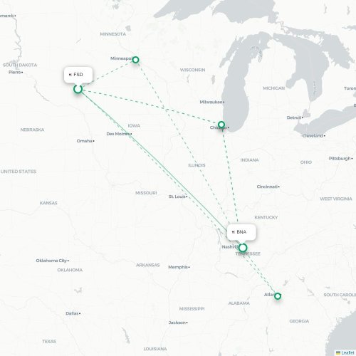 Mapa de vuelo directo Sioux Falls - Nashville
