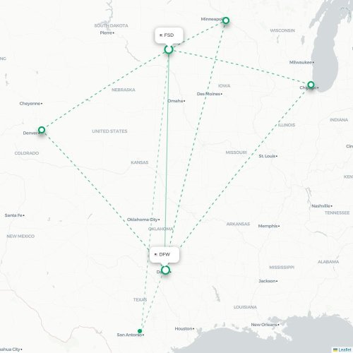 Mapa de vuelo directo Sioux Falls - Dallas