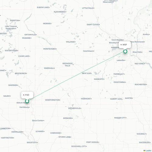 Mapa de vuelo directo Sioux Falls - Mineápolis