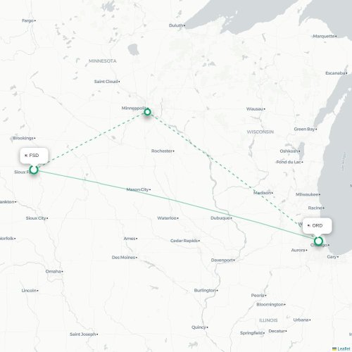 Mapa de vuelo directo Sioux Falls - Chicago
