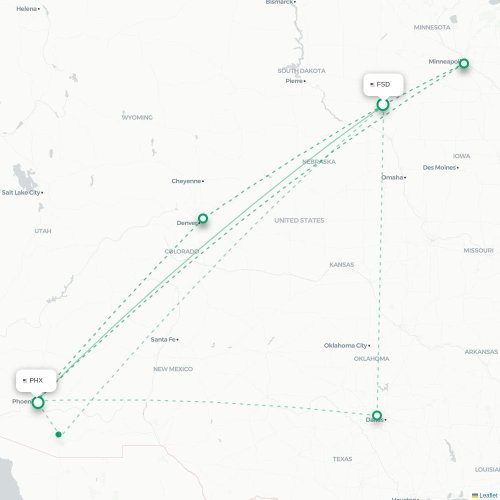 Mapa de vuelo directo Sioux Falls - Phoenix