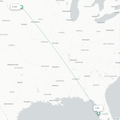 Mapa de vuelo directo Sioux Falls - Tampa
