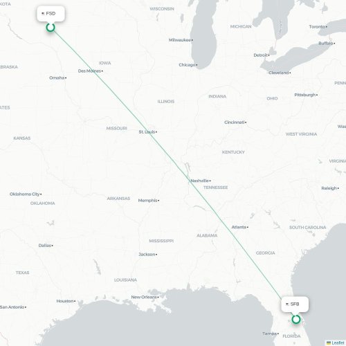 Mapa de vuelo directo Sioux Falls - Orlando