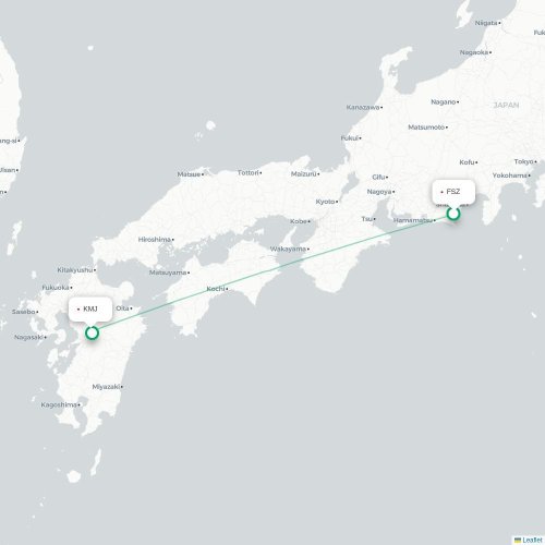 Mapa lotu bezpośredniego Shizuoka – Kumamoto
