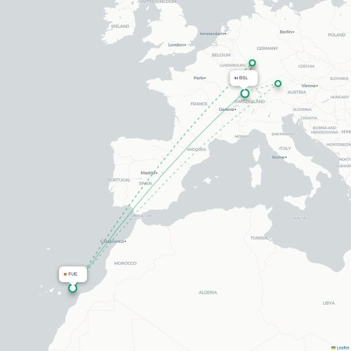Mapa de vuelo directo Puerto del Rosario - Basilea, Suiza
