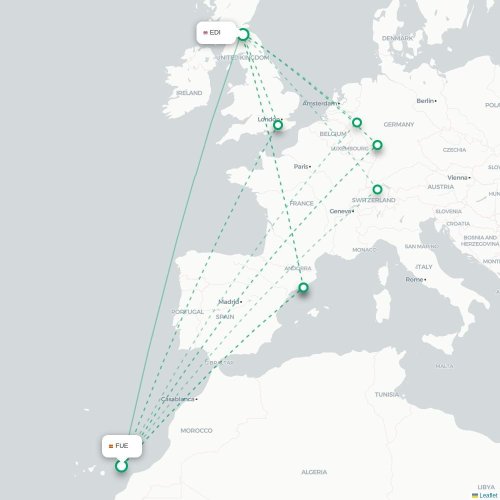 Mapa de vuelo directo Puerto del Rosario - Edimburgo