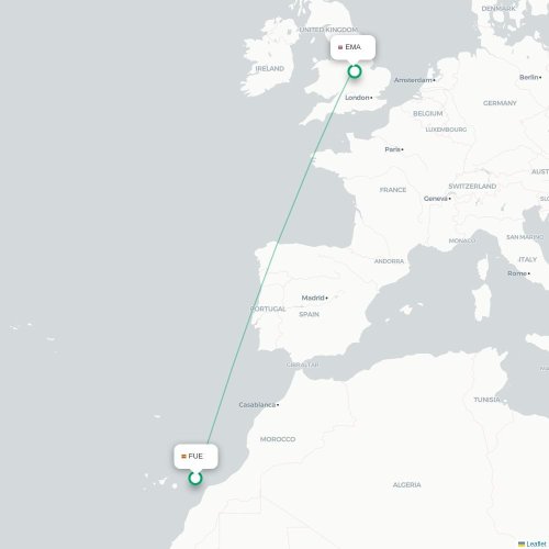 Mapa de vuelo directo Puerto del Rosario - Nottingham