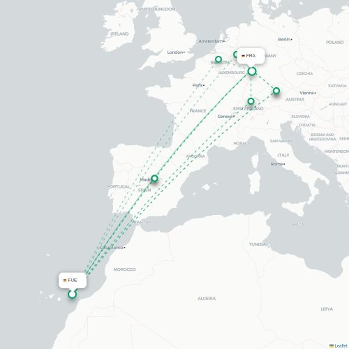 Mapa de vuelo directo Puerto del Rosario - Fráncfort